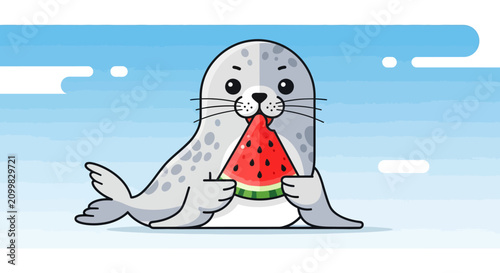 Cute seal eating watermelon slice, flat design, arctic summer fun