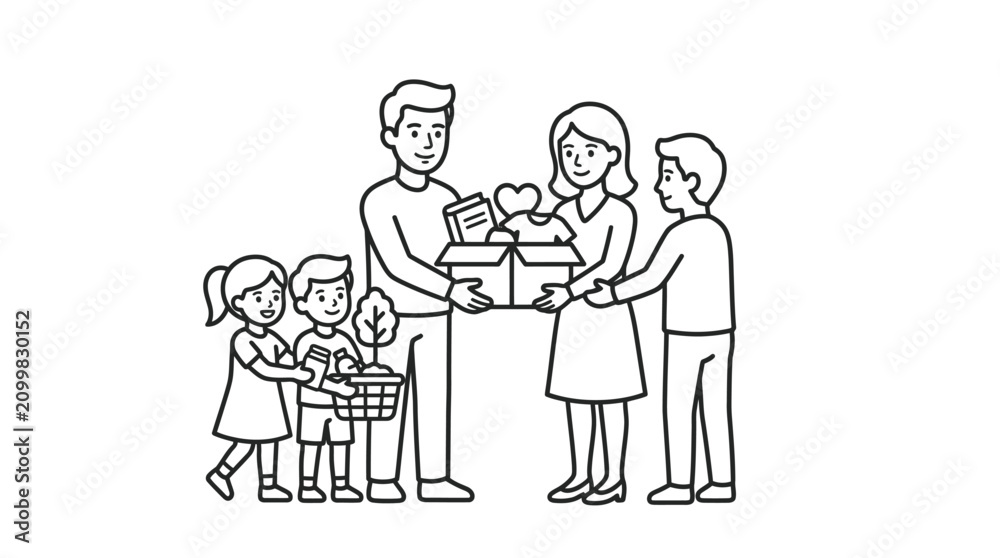 Obraz premium Sleek Black and White Line Drawing of Family Receiving Donation Box with Heart Shaped Gift and Groceries
