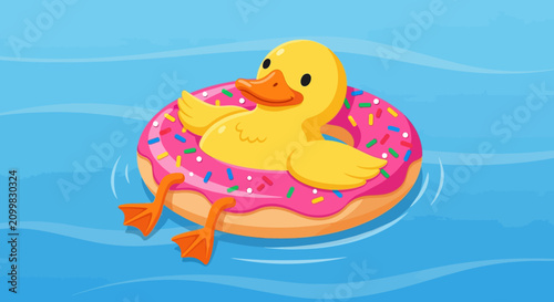 Cute Yellow Duck Floating on Pink Donut Pool Float in Blue Water