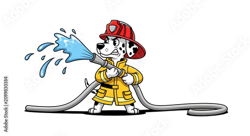 Dalmatian Dog Firefighter Spraying Water with Hose Cartoon Vector