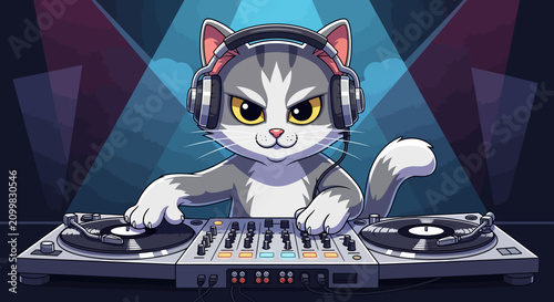 DJ Cat with Headphones on Turntables, Party Vibe