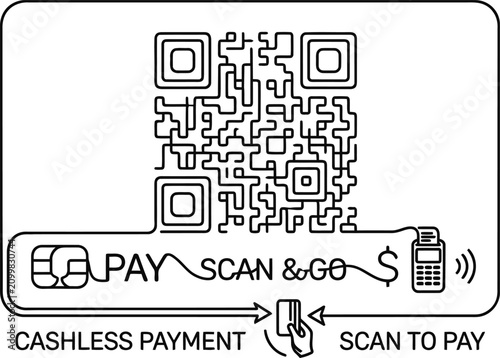 Continuous line art illustration of a QR code and contactless payment concept.