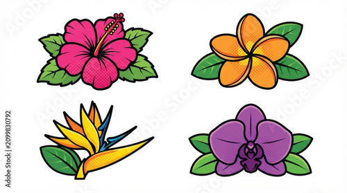 Retro pop art tropical flowers vector set with vibrant colorful hibiscus and plumeria icons isolated on white background