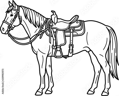 Cuadro en lienzo Black and white line art illustration of a saddled horse.