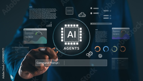 A person interacts with a digital interface displaying AI agents, data analytics, and command prompt elements in a futuristic technology environment.