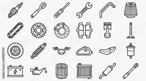 Bild auf Leinwand Creative Black and White Line Drawing Set of 30 Essential Car Parts and Auto Too