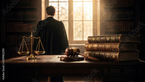 Gavel and scales of justice beside stack of old books in library with judge in black robe near window, ideal for legal services, law firms and justice advocacy