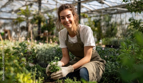 Woman Gardener Smiling Holding Small Plant in Greenhouse