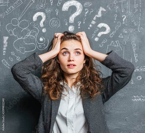 Confused Businesswoman with Hands on Head Against Question Mark Chalkboard