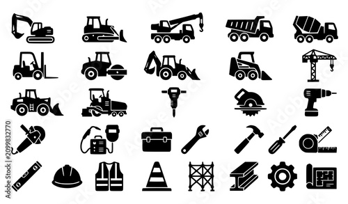 Valokuva Construction and industrial machinery icon set with excavators cranes tools engi