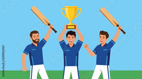 Foto Victorious Cricket Team Celebrating with Golden Trophy, Holding Bats Aloft, Flat