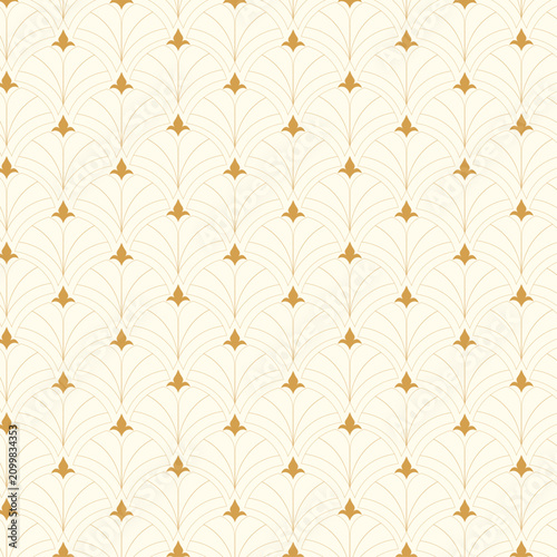 Luxury gold Art Deco seamless pattern background with elegant line art fans