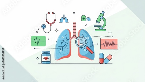 Medical illustration of human lungs with clinical diagnostic icons.