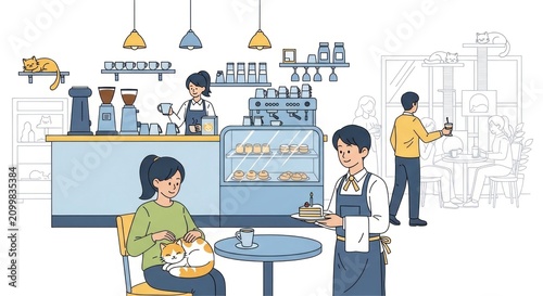 Modern cat cafe illustration with patrons and baristas.