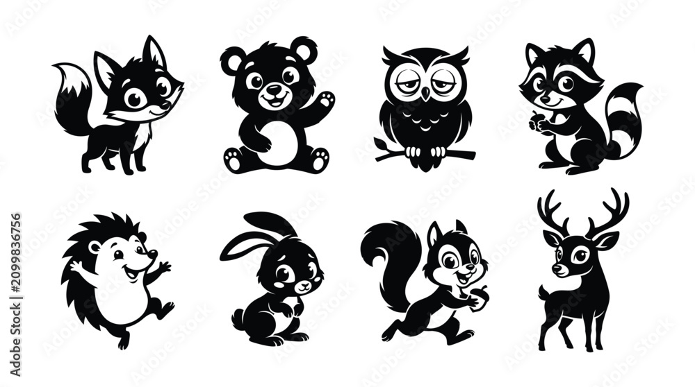 Obraz premium Funny animal mascots in silhouette form gathered together outdoors