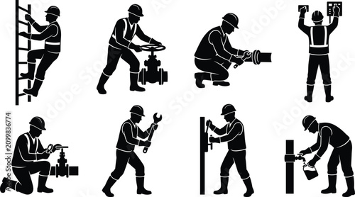 Set of industrial maintenance technician silhouettes performing various repair and inspection tasks