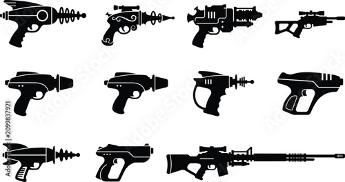 Canvastavla Futuristic sci-fi laser gun and blaster icons set featuring retro space weapon b