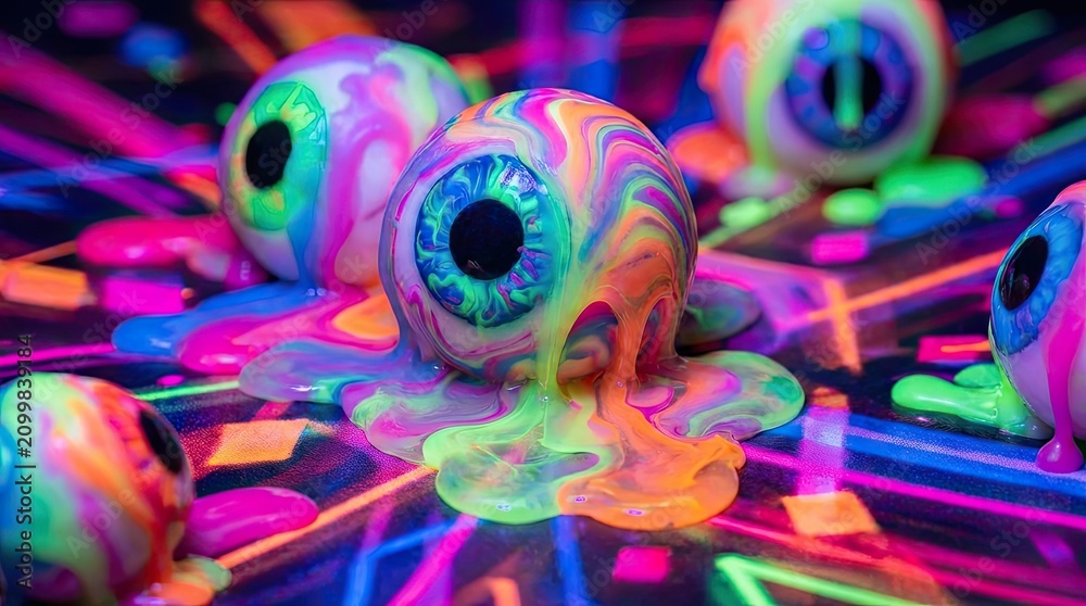 Fototapeta premium Abstract trippy background with melting eyes concept. Vibrant neon melting eyeballs creating a surreal visual experience.