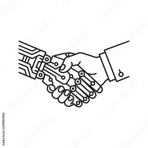 AI partnership icon. Human shaking hands with futuristic robotic hand vector illustration.