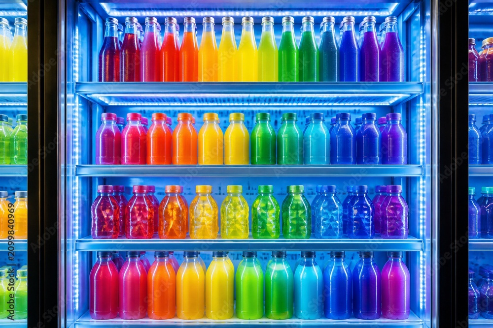 Obraz premium Glass bottles filled with various colored drinks are lined up in a cold display. The light reflects off the bottles, creating a lively atmosphere. Customers may choose their favorite drink.