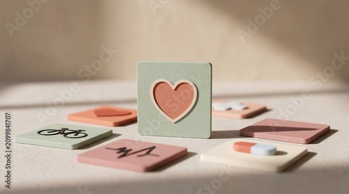 Minimalist healthcare concept with a central heart icon surrounded by various wellness symbols tiles