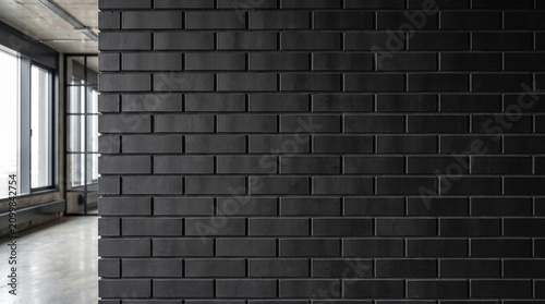 Black brick wall background. Modern industrial interior with dark charcoal masonry texture.