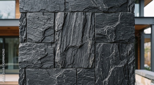 Charcoal slate stone wall texture. Modern dark masonry cladding for architectural design.