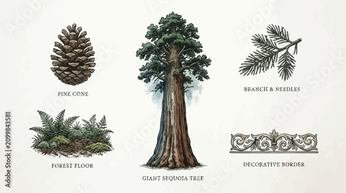 Antique botanical illustration of a massive giant sequoia tree in a classic vintage woodcut engraving style, detailed redwood trunk and foliage, isolated on a clean white background.