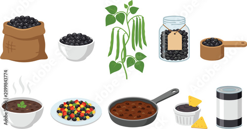 Black Bean Food Collection with Dried Beans Bean Plant Chili Bowl Skillet Dip Canned Beans and Healthy Protein Vector Set