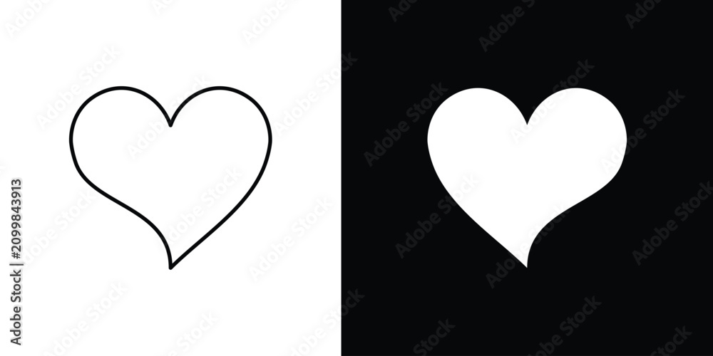 Obraz premium Black And White Heart Symbols With Outline And Filled Silhouette, High Contrast Love Icon Set