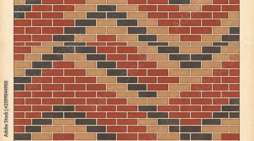 Vintage brick wall pattern with geometric chevron design, antique masonry illustration in red and brown tones, retro architectural texture background