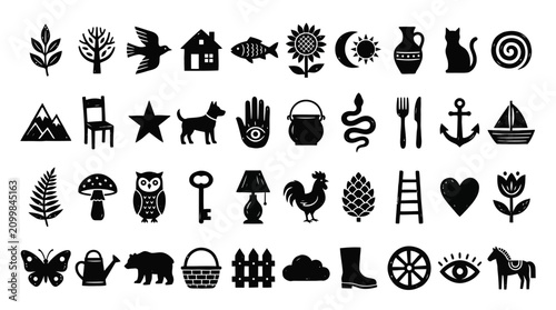 Konstfotografi Set of black silhouette symbols and icons for nature, animals and household