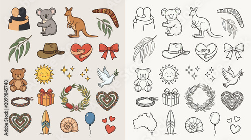 Canvas Print Collection of Australian Icons and Symbols in Color and Outline Styles