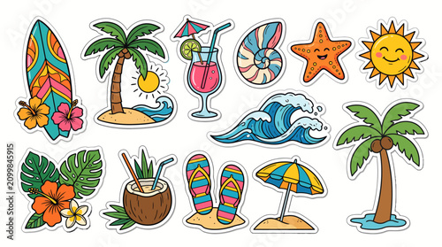Foto Tropical Beach Vacation Sticker Collection with Summer Icons and Symbols