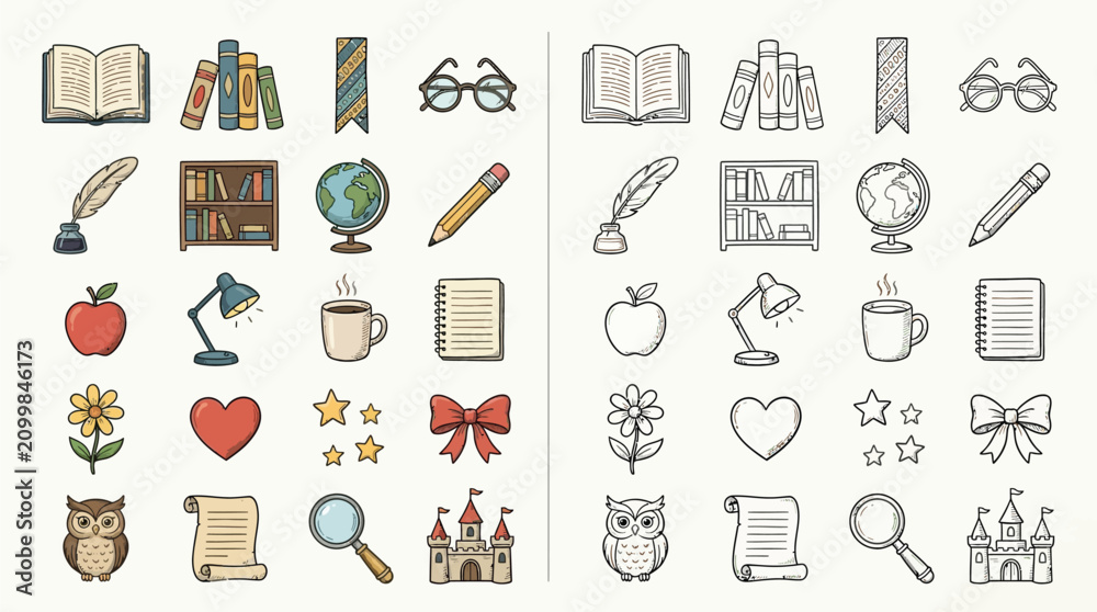 Fototapeta premium Collection of Hand-Drawn Icons Related to Reading, Education, and Knowledge.