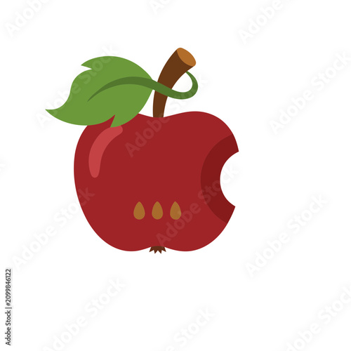 Bitten Red Apple with Leaf and Seeds