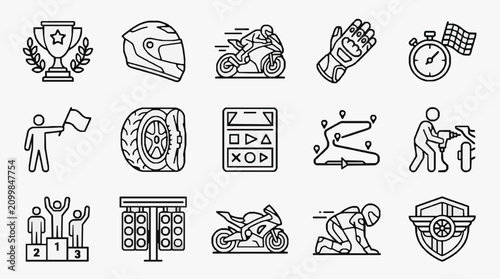 Konstfotografi Clean Black and White Line Icons Set Featuring Motorcycle Racing and Maintenance