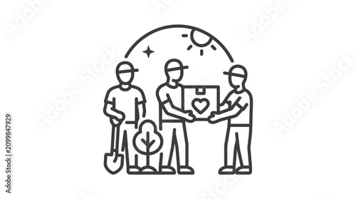 Professional Black and White Line of Workers Collaborating with Globe and Heart Symbols with high quality professional line art symbols for modern creative design and digital branding projects