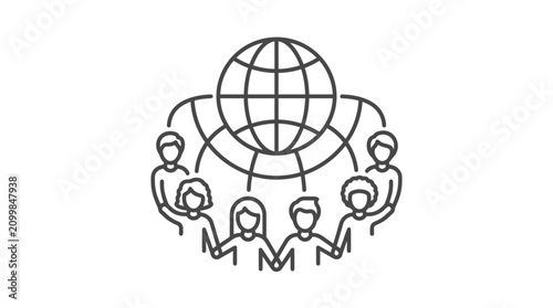 Dynamic Global Network of Diverse Individuals Connected by a Central Globe Minimalist Black and White