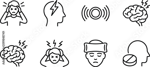 Cuadro en lienzo Chronic Migraine and Severe Headache Icon Set with Brain Pain Stress Relief and