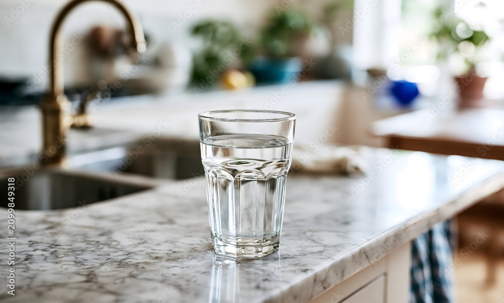 Fototapeta premium Glass of water on a marble kitchen countertop