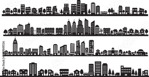 Cityscape Skyline Silhouette Illustration, Urban City Horizon Buildings Vector Landscape