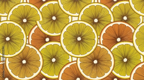 Vintage citrus fruit pattern with lemon and orange slices, retro botanical illustration of summer citrus, seamless yellow and orange fruit background