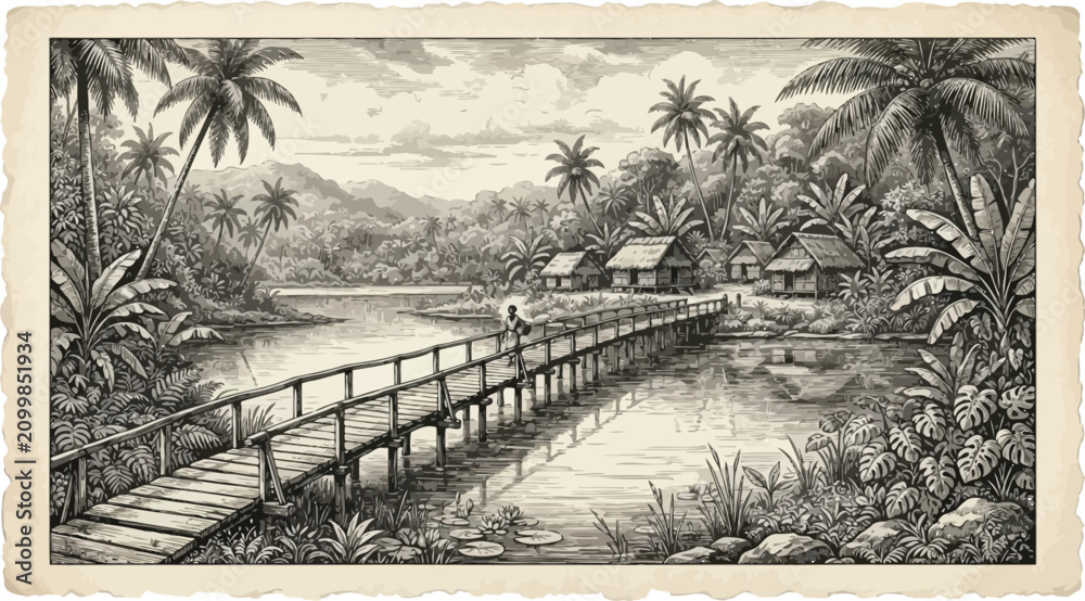 Obraz premium Vintage engraved tropical landscape with a rustic wooden footbridge over water featuring lush palm trees and a traditional rural village scene in a classic antique woodcut etching sketch style.