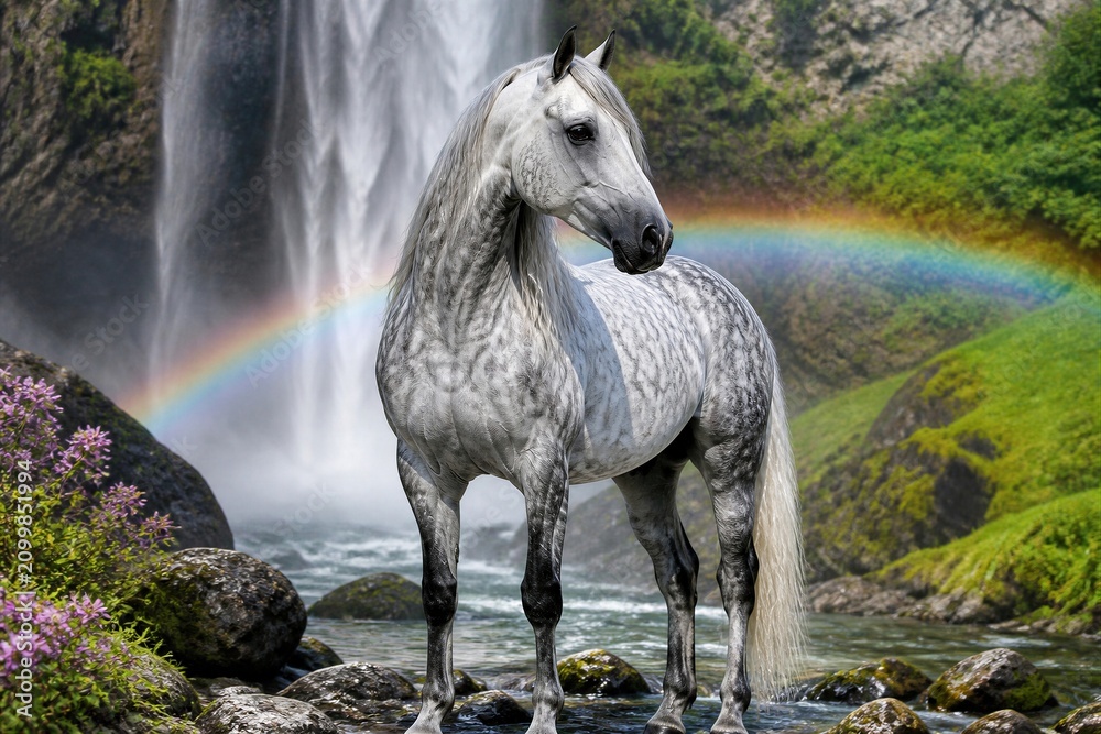 Obraz premium A white horse stands in shallow water near a waterfall. The sun shines brightly and creates a rainbow in the mist from the falls. Green hills surround the scene and flowers bloom nearby.