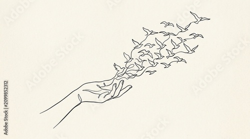 Hand releasing flock of birds line flying