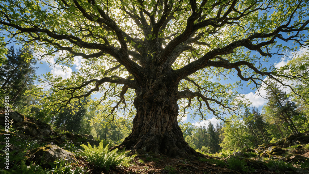 Fototapeta premium Old Oak Trunk on a Moss-Covered Forest Floor with Ferns