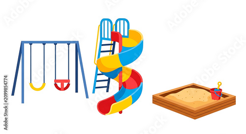 Colorful playground set featuring a spiral slide swing set and sandbox with bucket clipart illustration isolated on white background