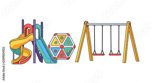 Vibrant playground clipart illustration featuring a slide swing and outdoor recreation equipment set on a clean white background for kids and park