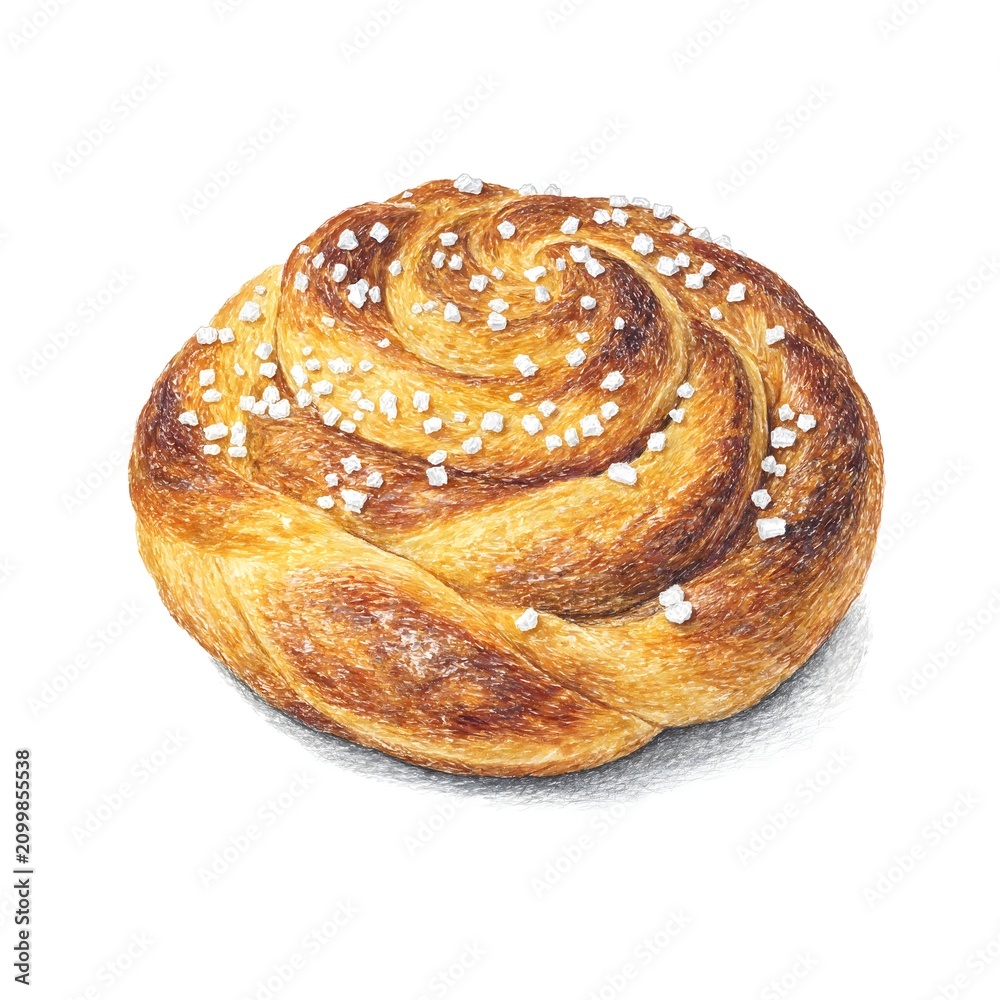 Fototapeta premium Golden brown cinnamon swirl pastry with sugar crystals on white background
